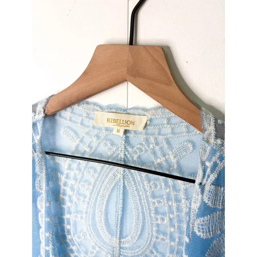 Rebellion Blue Duster Kimono Medium Beach Swim Coverup Lightweight Boho Flowy - Picture 8 of 8